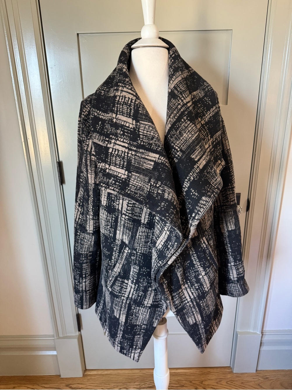 Open-Front Black and Cream Abstract Plaid Draped Coat Anthropologie